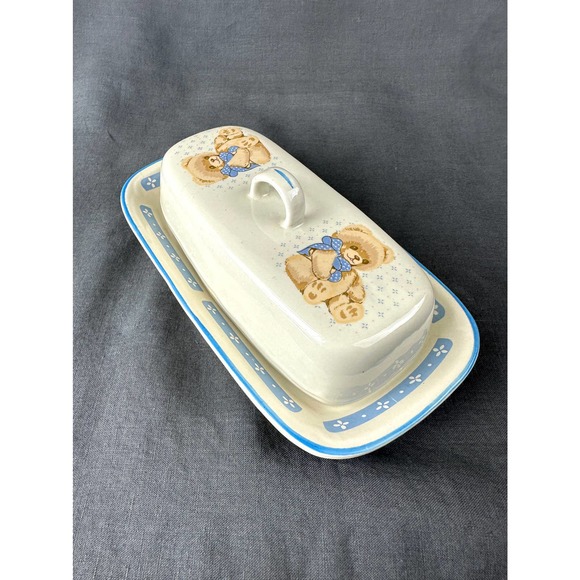 Vintage 1990 Tienshan Stoneware Teddy Bear Covered Butter Dish - Picture 3 of 8